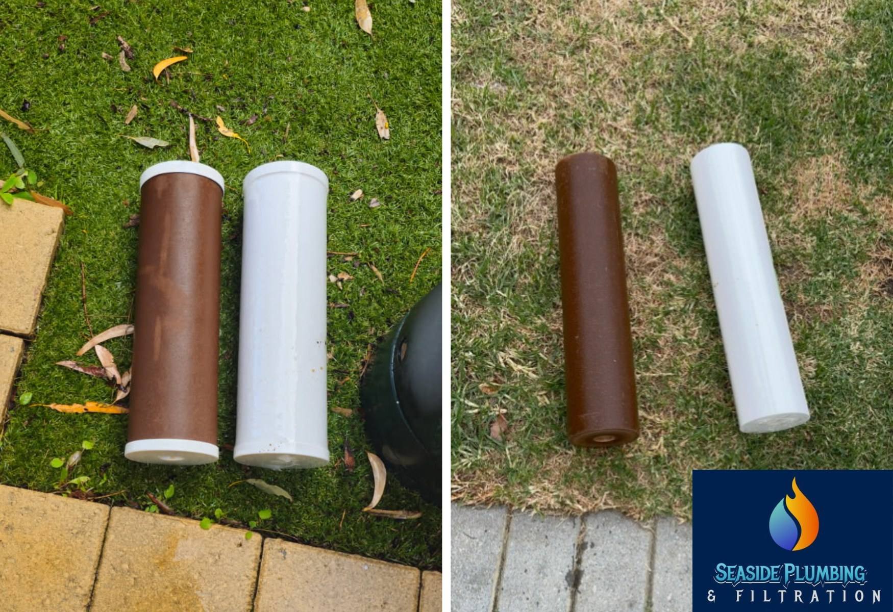 Used filter cartridges beside new ones, showing the sediment a whole-house filter catches