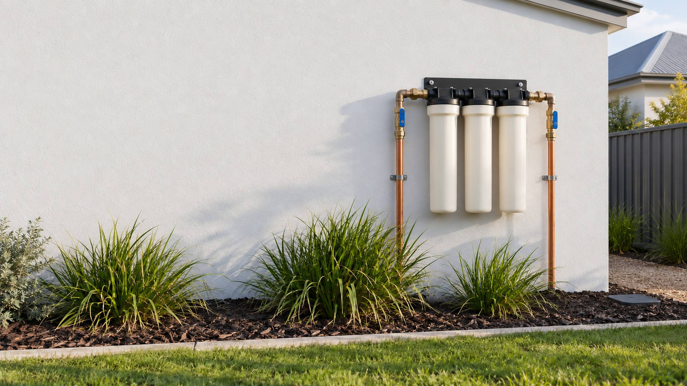 A three-cartridge whole-house water filter mounted on the rendered side wall of a home, above a garden bed